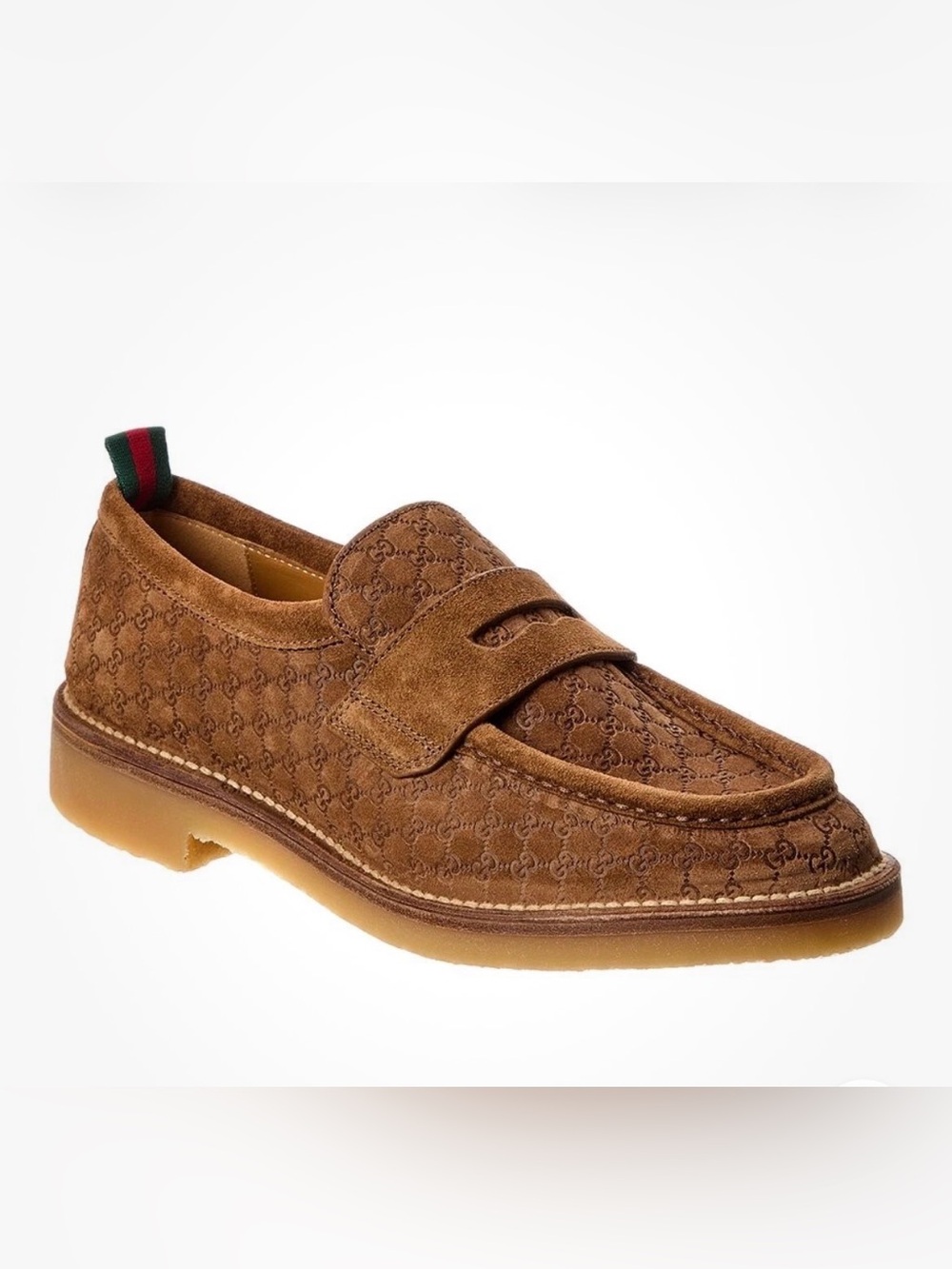 NWT Gucci Brown Suede Monogram Penny Loafers with Web Heel Tab US 8.5, 9
